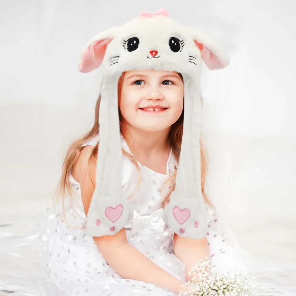 Kids Cat_White Animal Hat with Ears Moving Jumping Pop Up Beating Plush Holiday